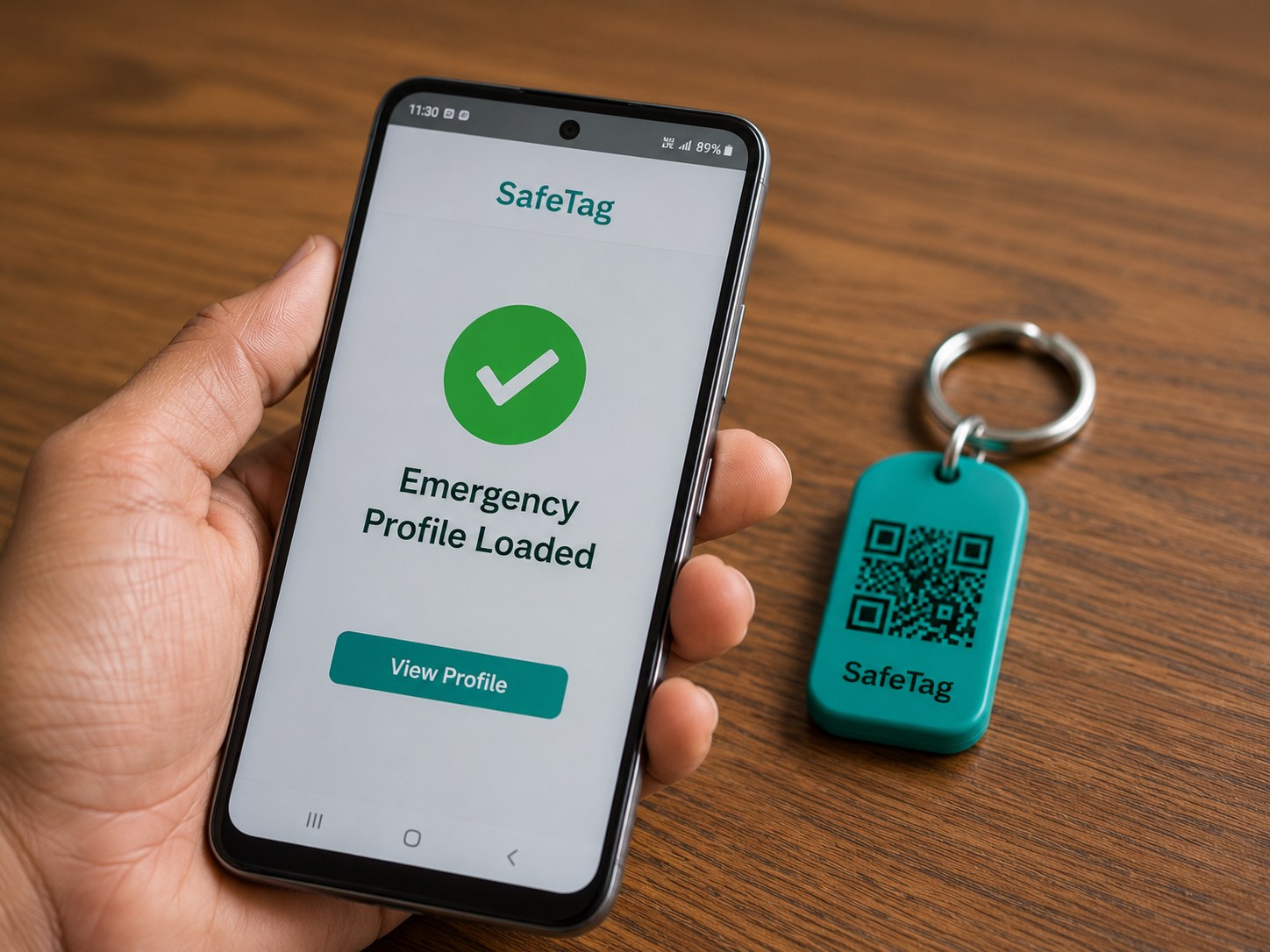 SafeTag in real life — a bystander scans a SafeTag QR tag to see an emergency profile