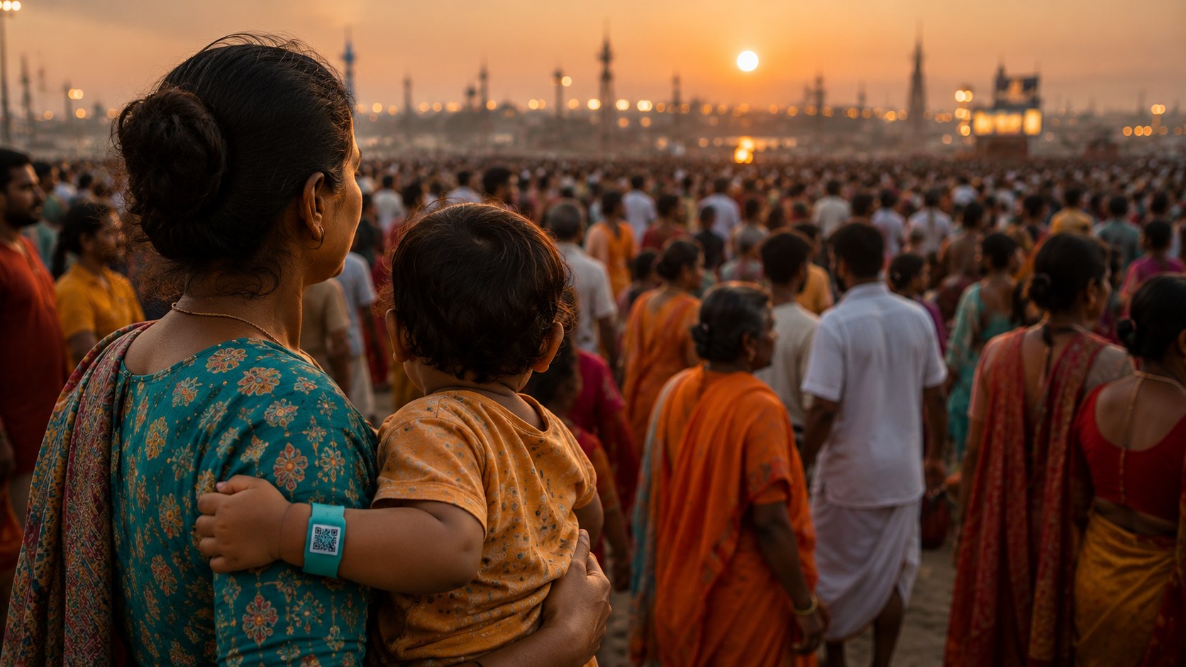 A mother holding her child in a large festival crowd in India; the child wears a teal SafeTag QR wristband