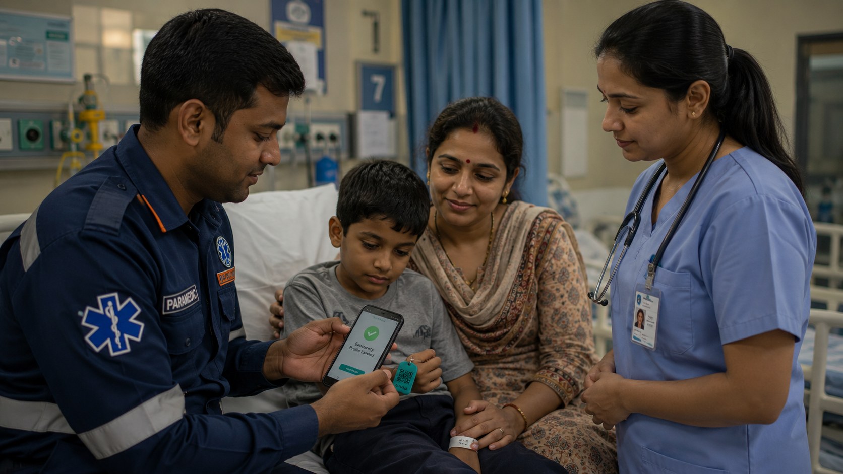 A paramedic shows a phone reading ‘Emergency Profile Loaded’ to a relieved mother, her son and a nurse in a hospital